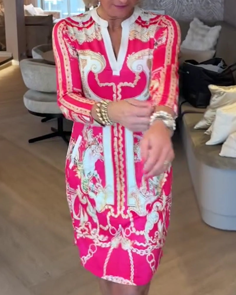 V-Neck Three-Quarter Sleeve Printed Straight Dress