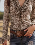 Ruffled V-Neck Leopard Print Blouse