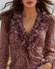 Ruffled V-Neck Leopard Print Blouse