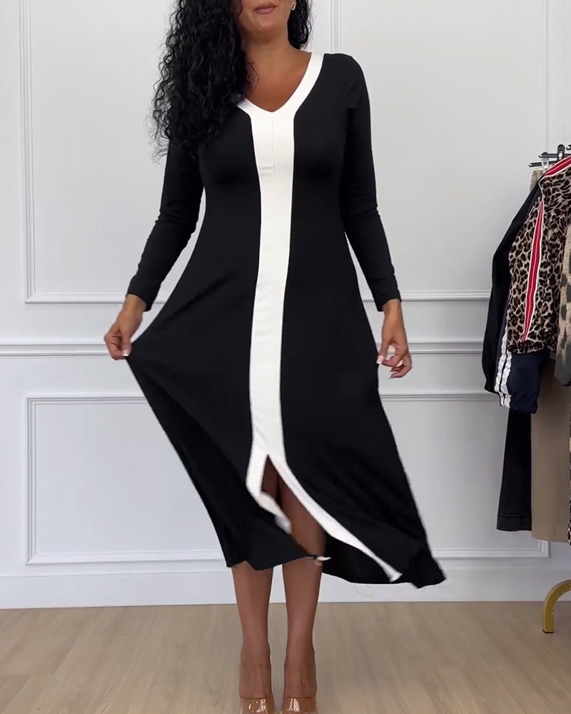 Contrast Color V-Neck Slit Elegant Dress