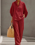 Stand Collar Batwing Sleeve Wide-Leg Pants Set
