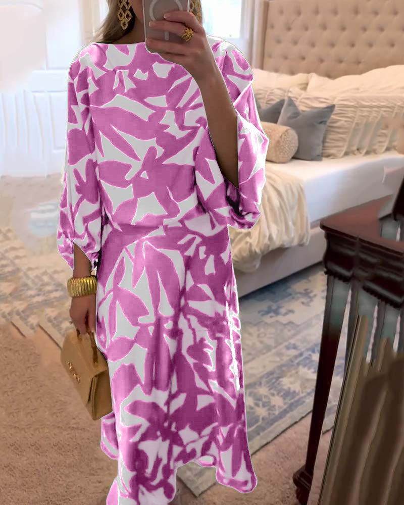 Temperament Printed Lantern Sleeves Casual Dress Set