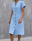 Jacquard V-Neck Button-Front Midi Shirt Dress