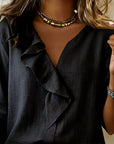 Ruffled Solid-Color Long-Sleeved Blouse