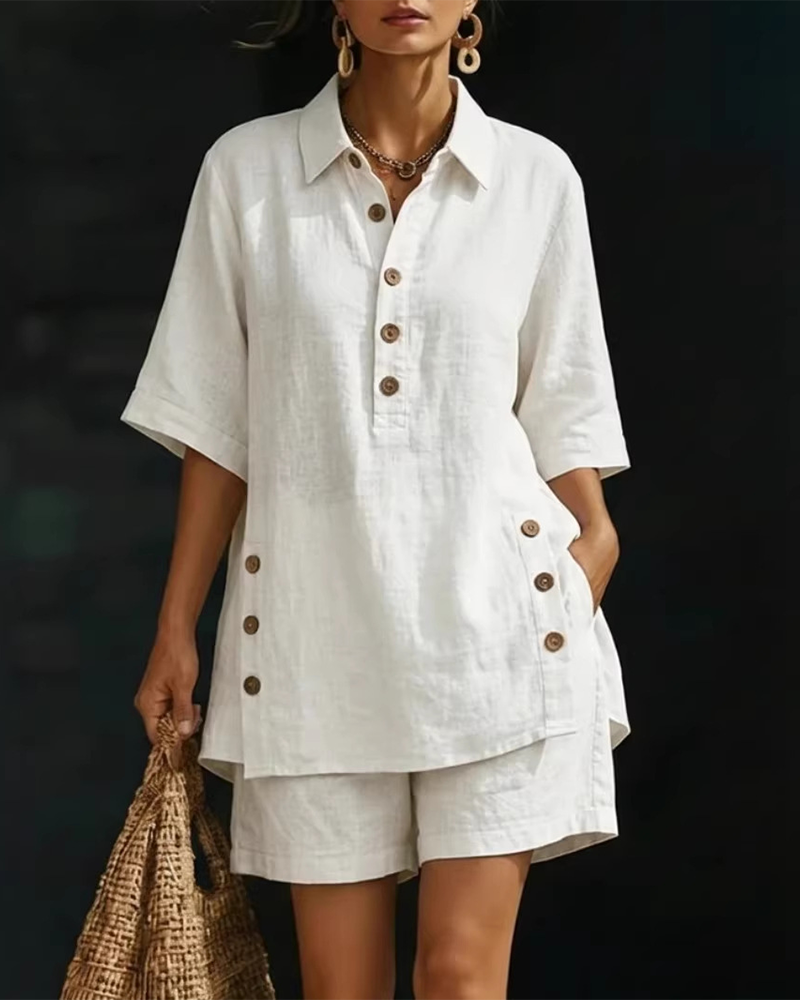 Shirt Collar Half-Placket Casual Two-Piece Set