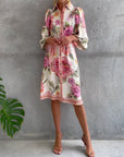 French Lantern Sleeve Notched Collar Printed Dress