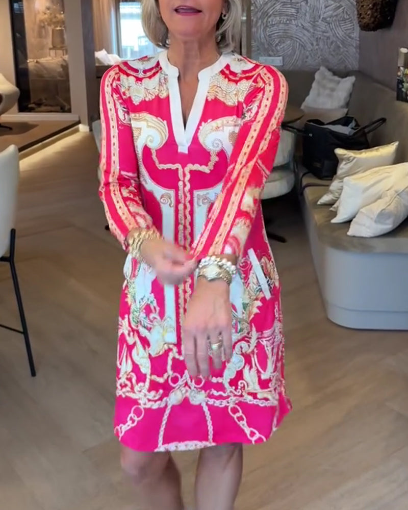 V-Neck Three-Quarter Sleeve Printed Straight Dress