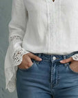 Elegant Solid Color Lace Bell Sleeve Blouse