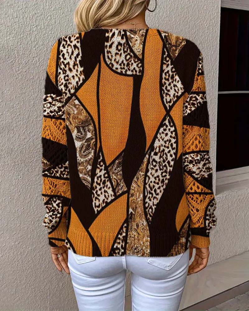 V-Neck Hollow Leopard Print Sweater