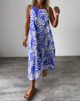 Leaf print casual sleeveless dress