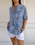 V-Neck Button-Down Printed Blouse