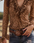 Ruffled V-Neck Leopard Print Blouse