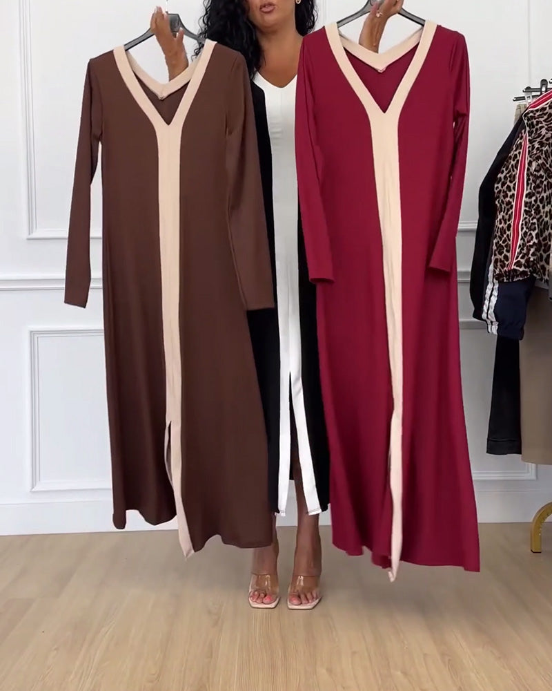 Contrast Color V-Neck Slit Elegant Dress