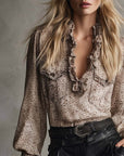Vintage Lantern Sleeve Ruffled V-Neck Blouse