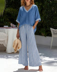 V-Neck Batwing Sleeve Stripe Wide Leg Pants Set