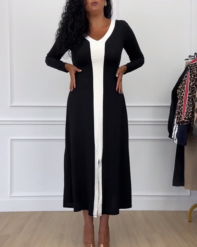 Contrast Color V-Neck Slit Elegant Dress