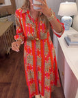 Long Sleeve Lapel Printed Maxi Dress
