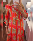 Long Sleeve Lapel Printed Maxi Dress