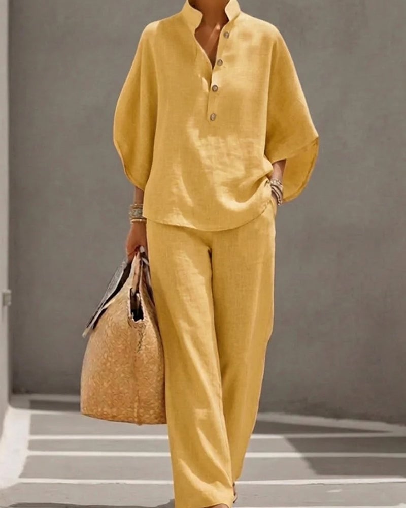 Stand Collar Batwing Sleeve Wide-Leg Pants Set