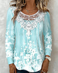 Lace-Trimmed Round-Neck Floral Long-Sleeved Top