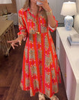 Long Sleeve Lapel Printed Maxi Dress
