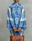 High-Neck Vintage Print Dress