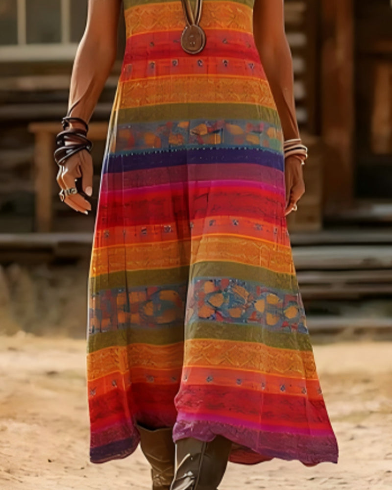 Striped Ethnic Style V-Neck Suspender Dress
