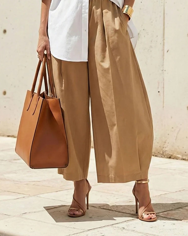Solid-Color Elastic-Waist Tulip-Hem Cropped Pants