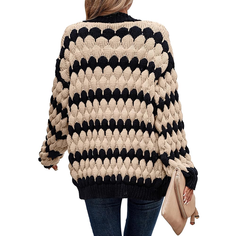 Women's Lantern Sleeve Open Front Striped Color Cardigan