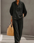 Stand Collar Batwing Sleeve Wide-Leg Pants Set