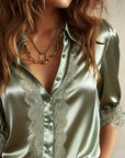 Satin Lapel Shirt With Lace Trim