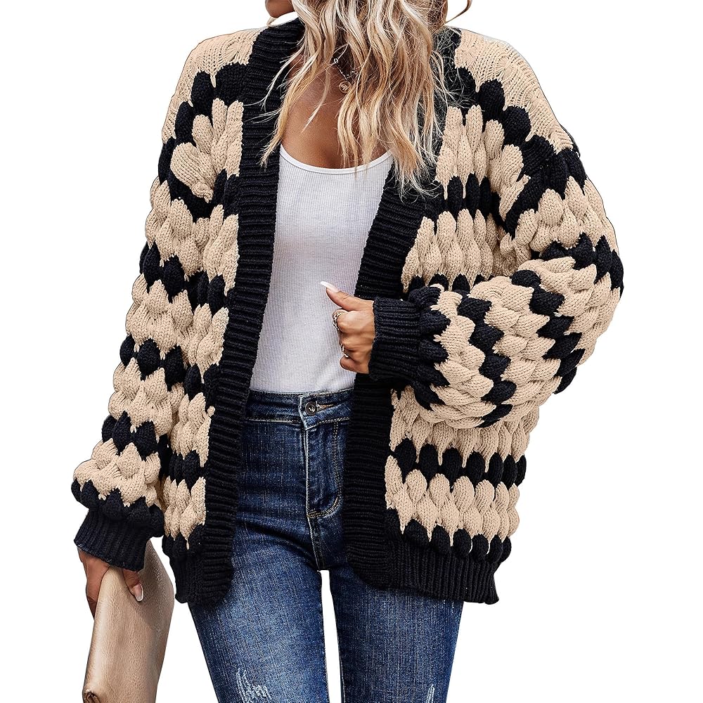 Women's Lantern Sleeve Open Front Striped Color Cardigan