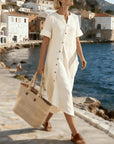 Stylish Button Design Small V-Neck Dress