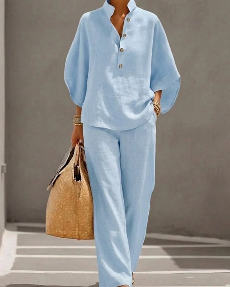 Stand Collar Batwing Sleeve Wide-Leg Pants Set
