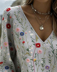 Floral Print Bubble Sleeve V-Neck Blouse