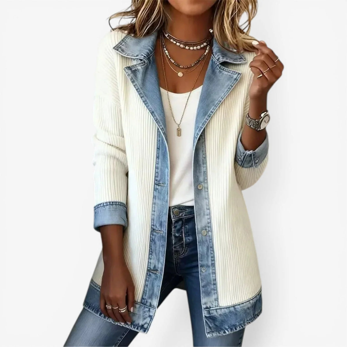 Bela Women's Jacket | Layered Collar, Knit and Denim-Inspired Design 0