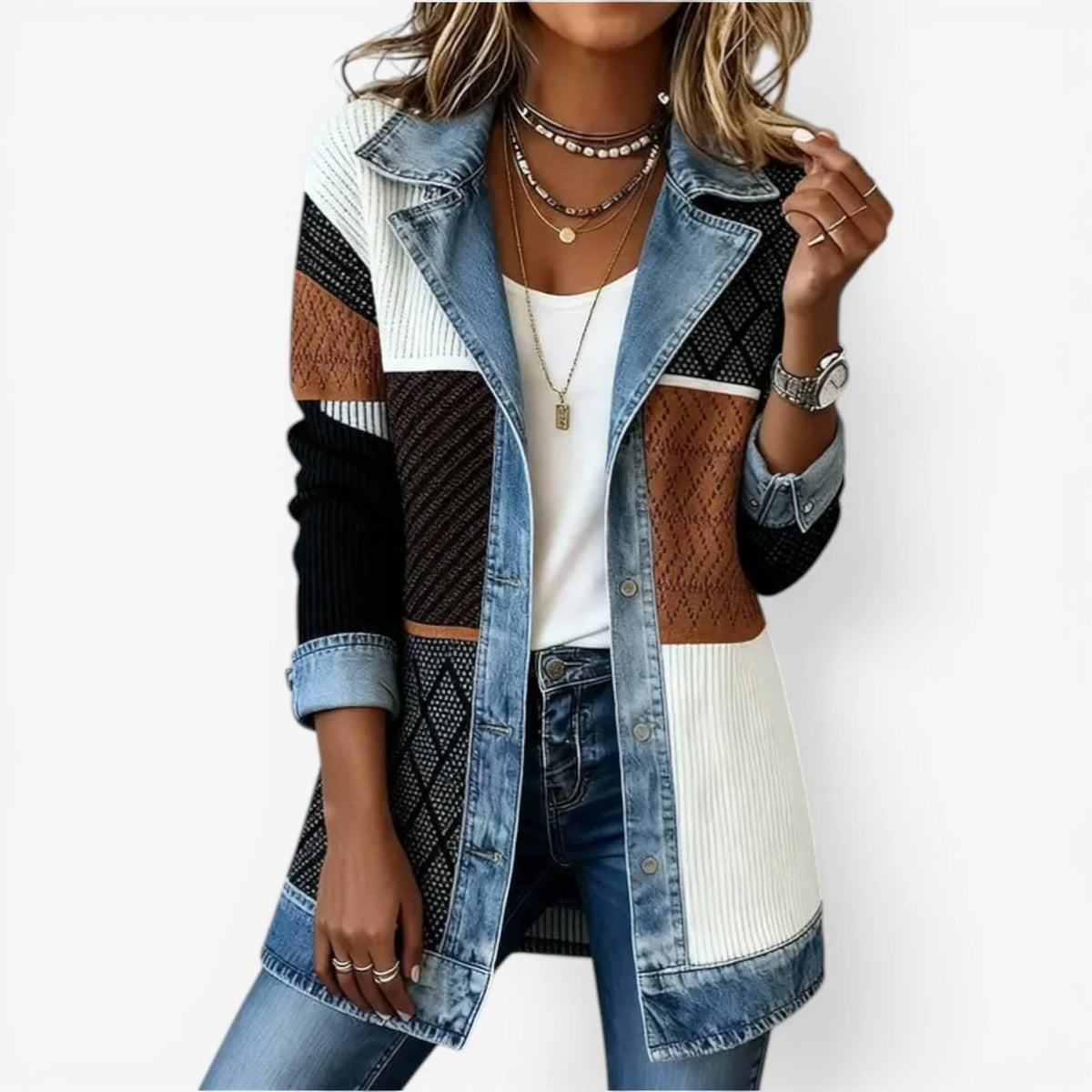 Bela Women's Jacket | Layered Collar, Knit and Denim-Inspired Design 2
