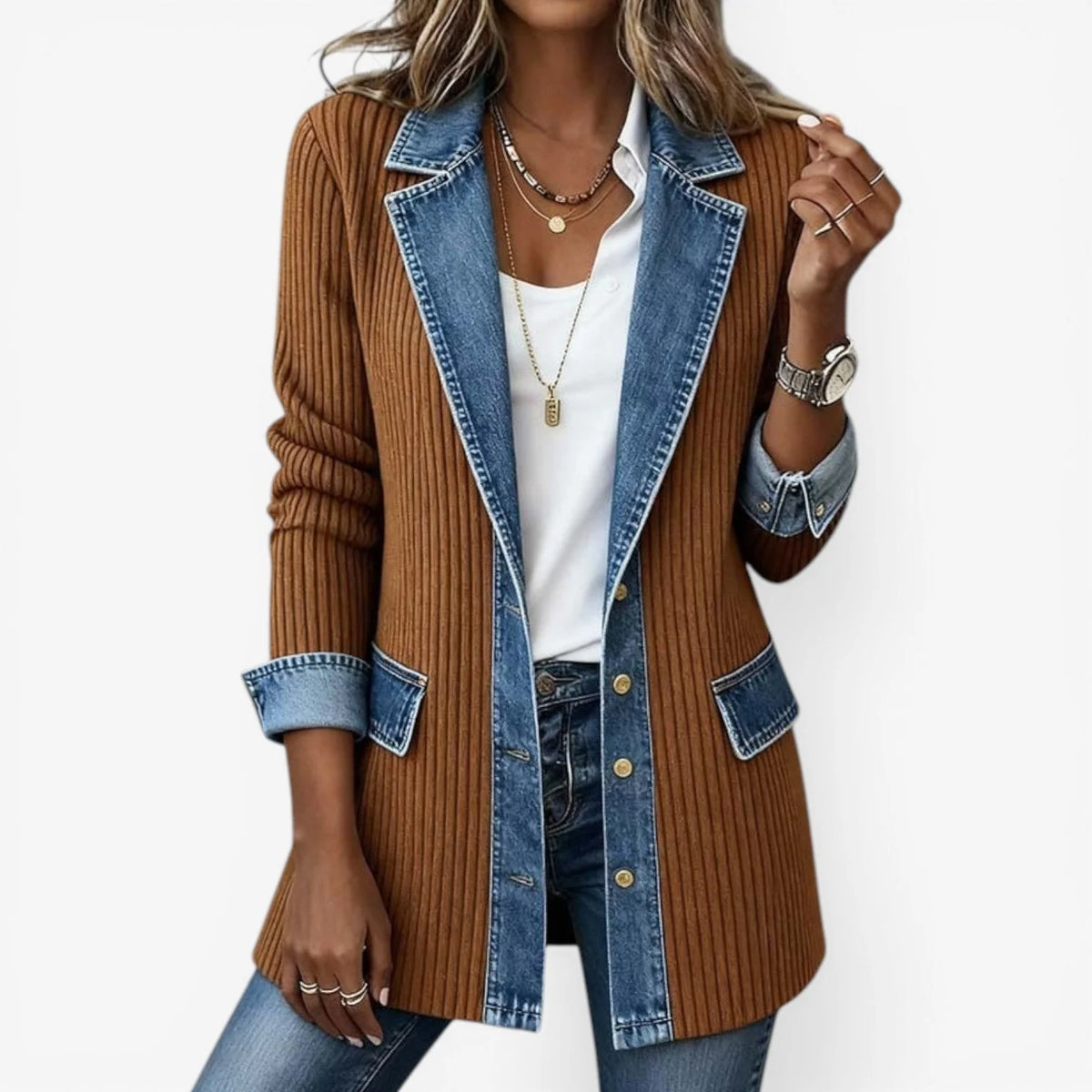 Bela Women's Jacket | Layered Collar, Knit and Denim-Inspired Design 3