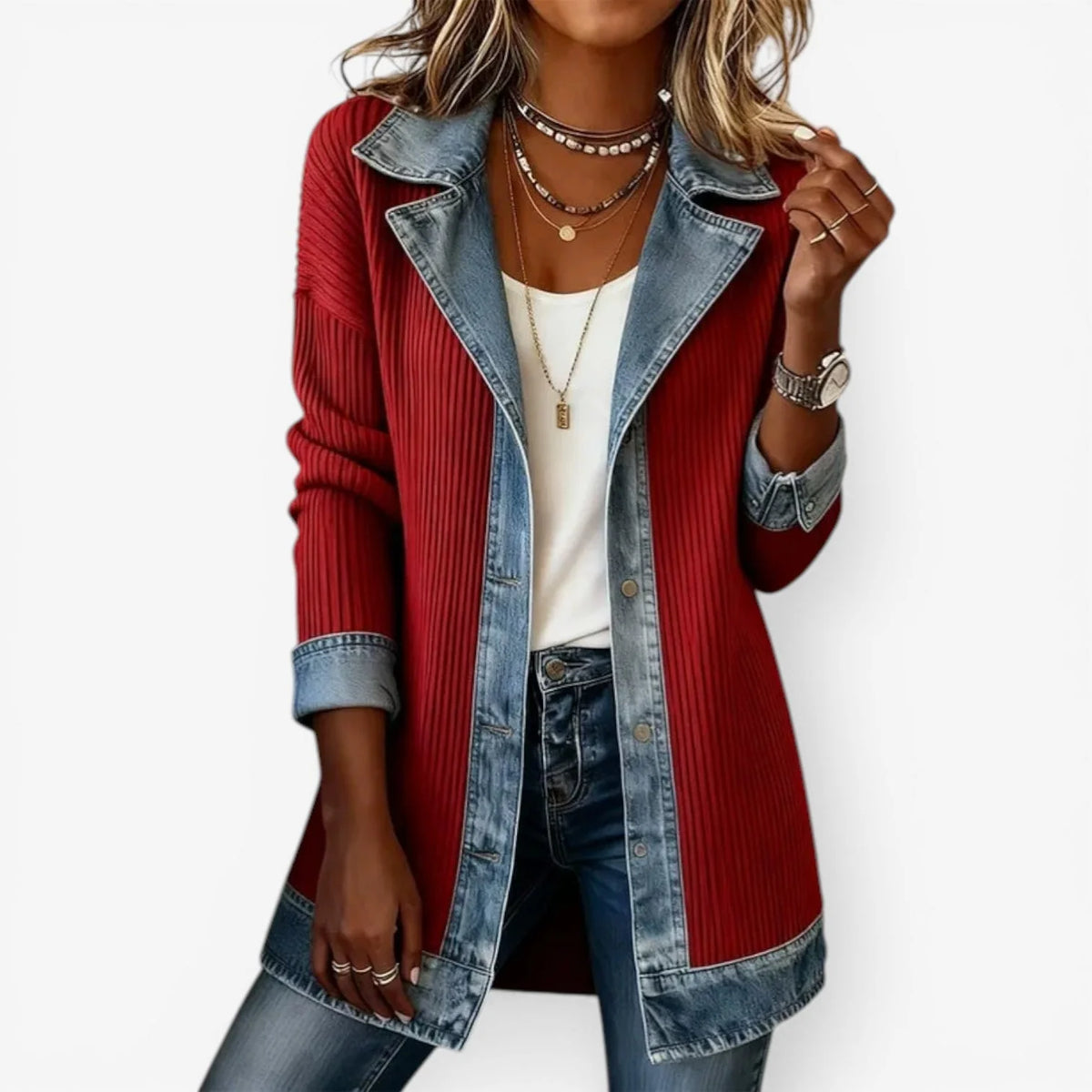 Bela Women's Jacket | Layered Collar, Knit and Denim-Inspired Design 4