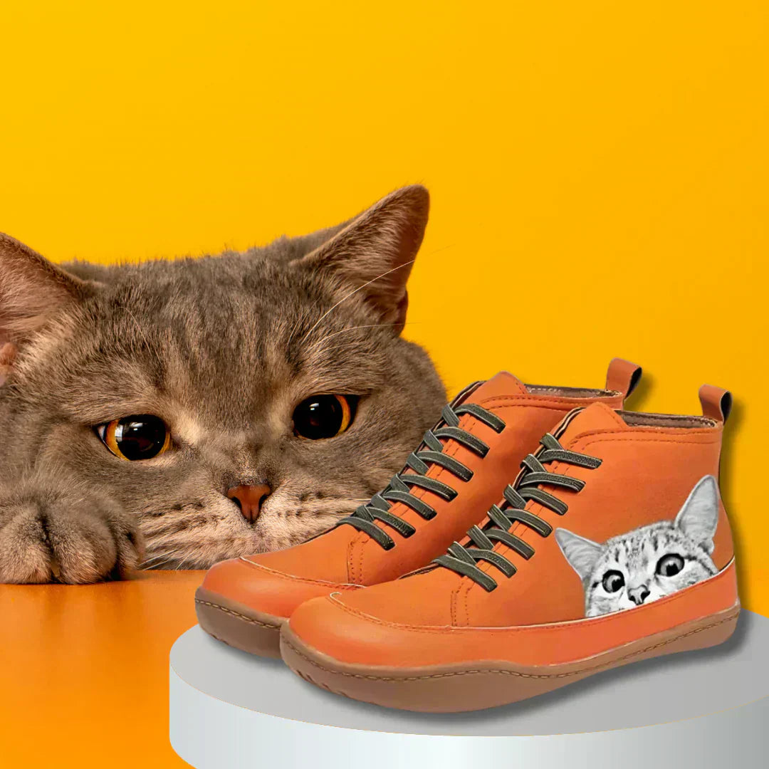 Leather Boots with Cat Design