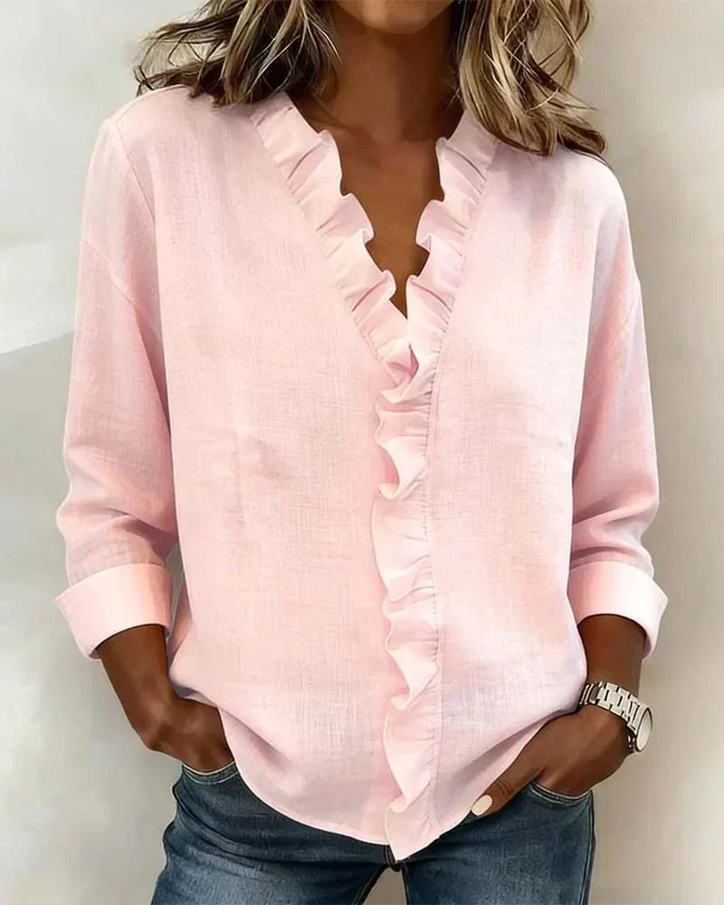 Chara Lightweight Blouse | Ruffled V-Neck, Long Sleeve Tops 0
