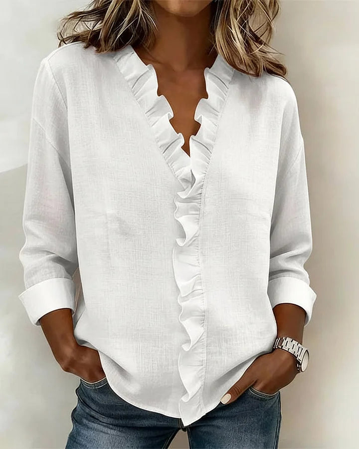 Chara Lightweight Blouse | Ruffled V-Neck, Long Sleeve Tops 1