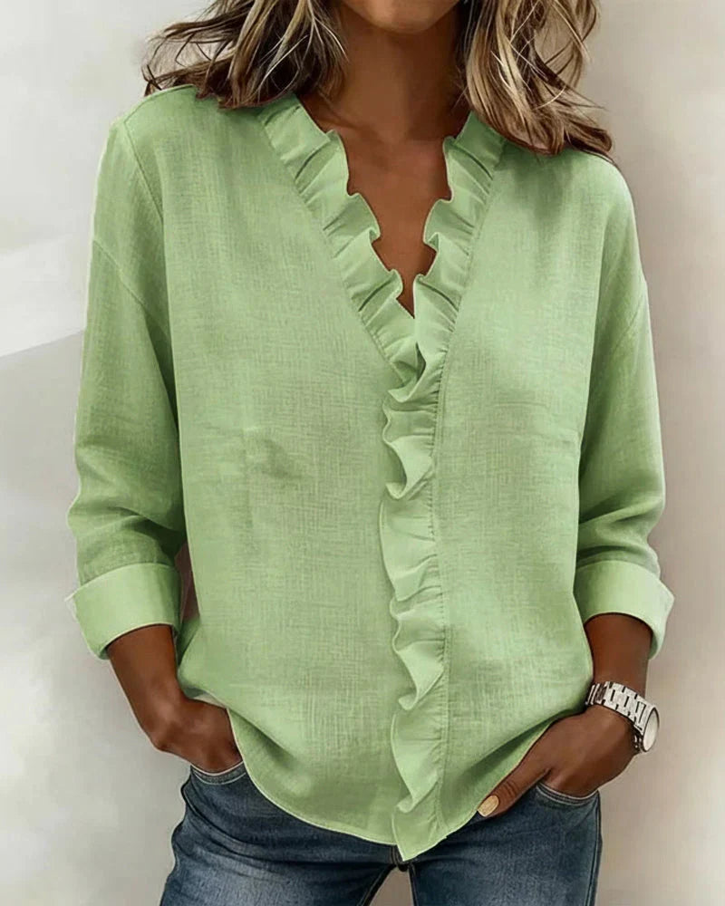 Chara Lightweight Blouse | Ruffled V-Neck, Long Sleeve Tops 2