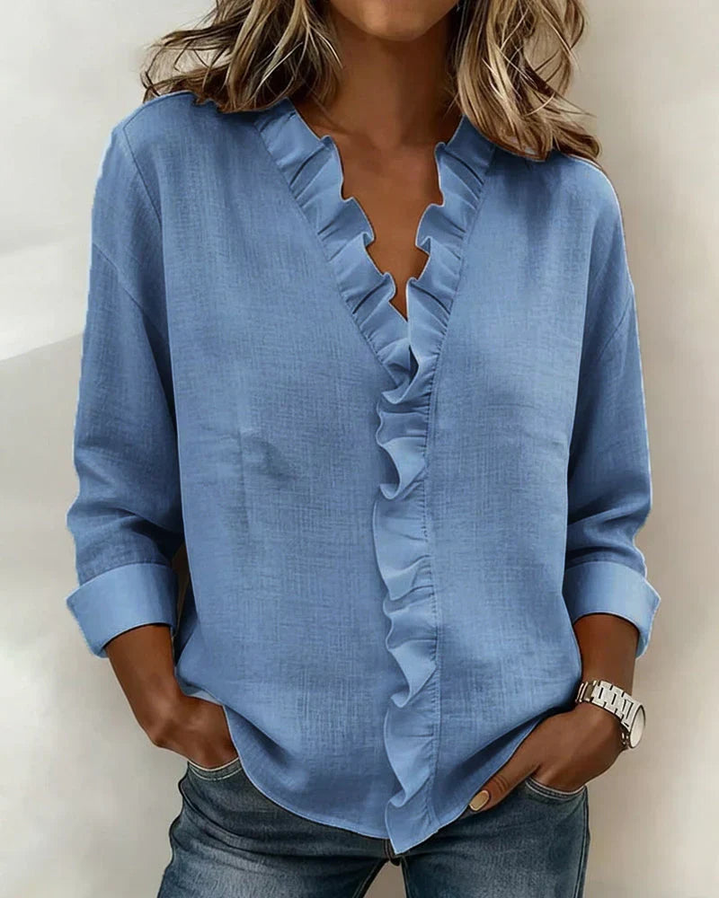 Chara Lightweight Blouse | Ruffled V-Neck, Long Sleeve Tops 3