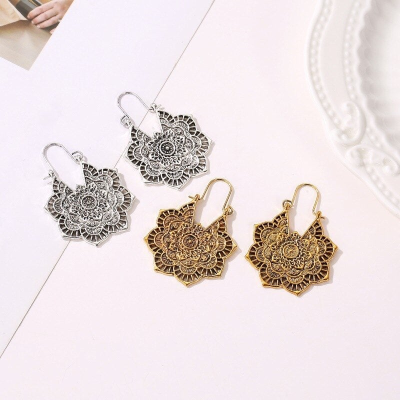 Lotus Flower Mandala Dangle Earrings