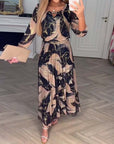 Elegant Three Quarter Sleeve Printed Waist Dress