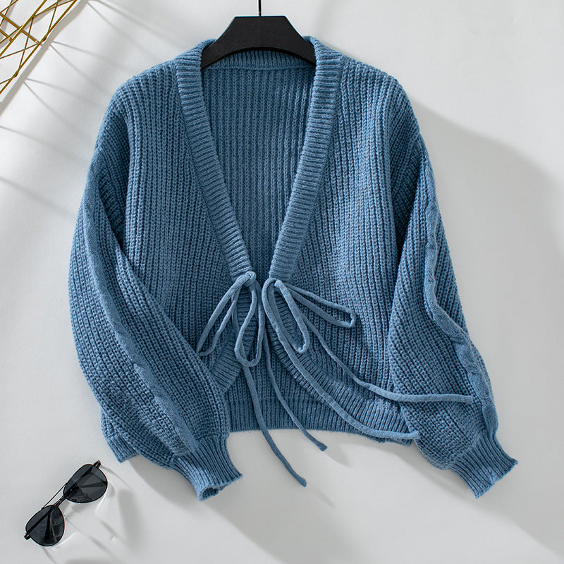 V Neck Loose Solid Color Short Lace Knitted Cardigan