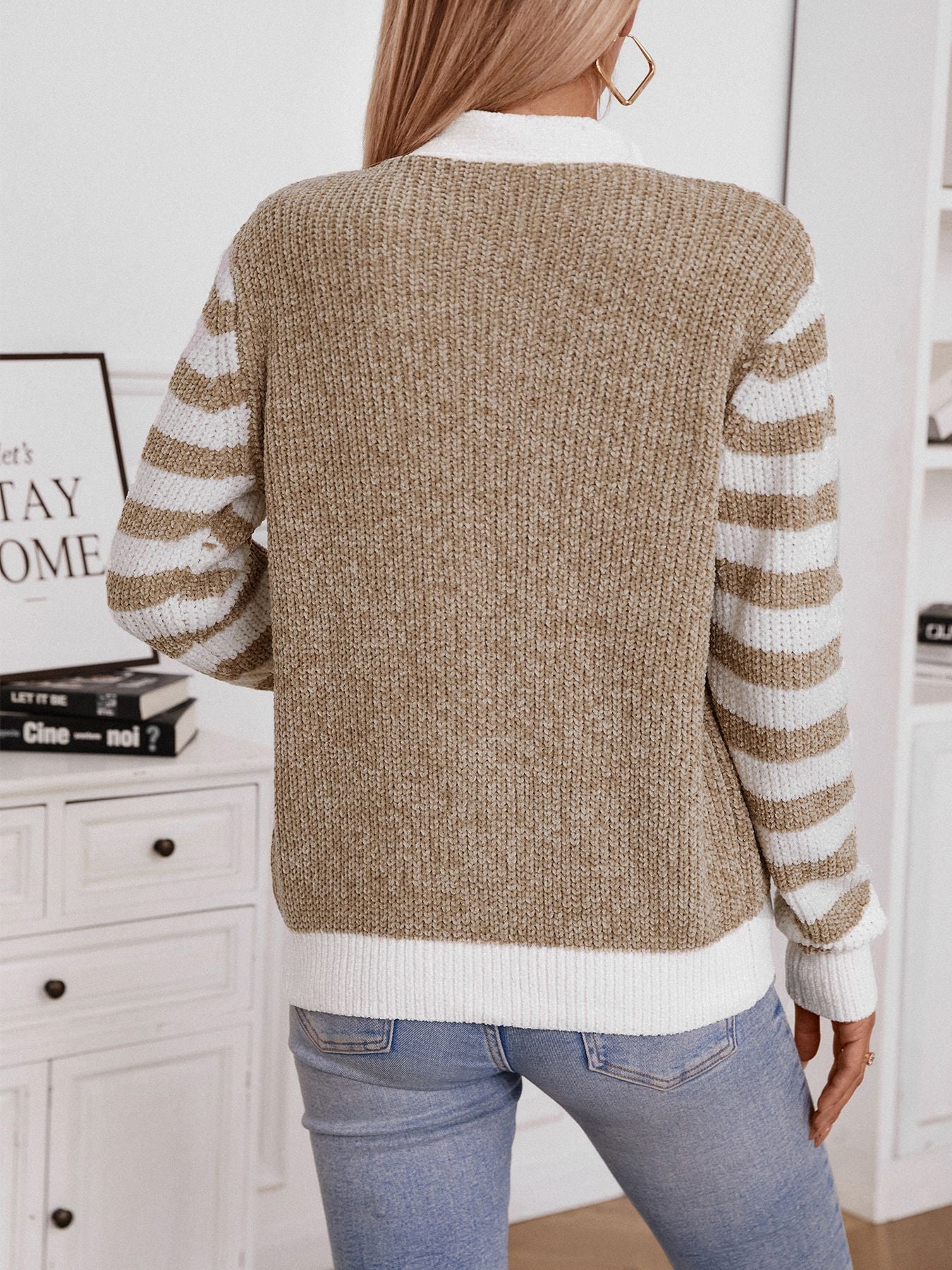 Womens Striped Buttoned Long Sleeve Casual Knit Cardigan
