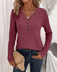 Ribbed Button Front Casual V Neck Long Sleeve Sweater