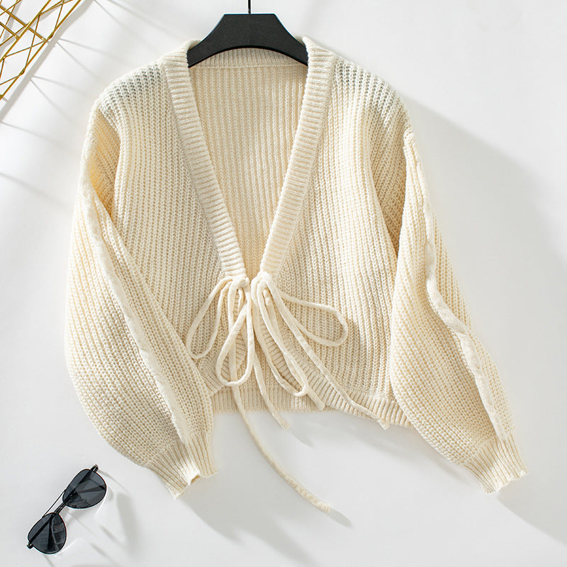 V Neck Loose Solid Color Short Lace Knitted Cardigan